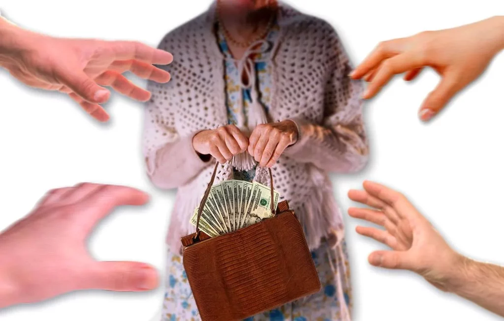 Full shot of a woman with a handbag, with several hands reaching out to grab it.