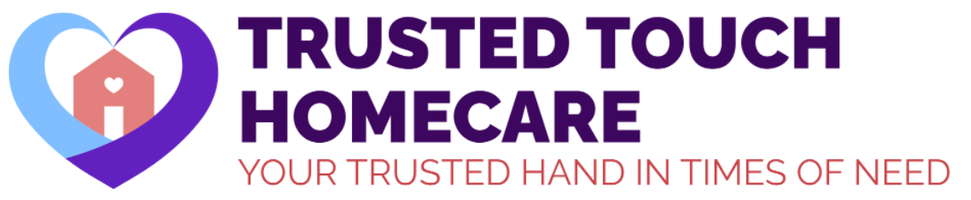 A logo for Trusted Touch Homecare. The logo features a stylized heart shape, split into light blue and dark purple sections. Within the heart is a small, simple house icon in a light reddish-pink color.