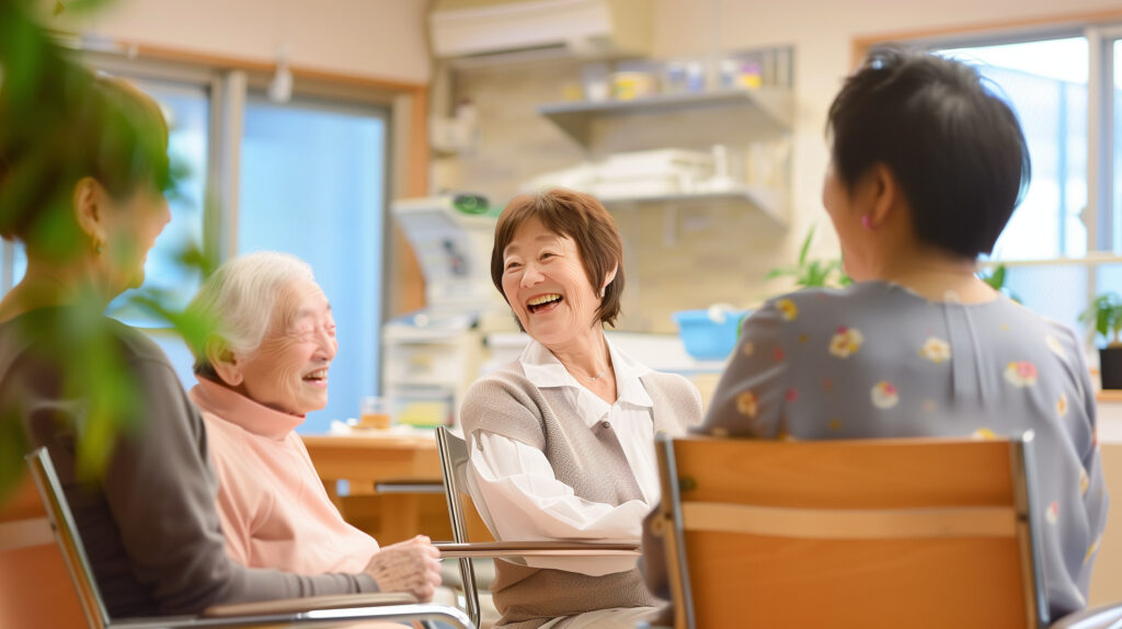 Full indoor shot of three older women seated around a table in what appears to be a community center or assisted living facility.